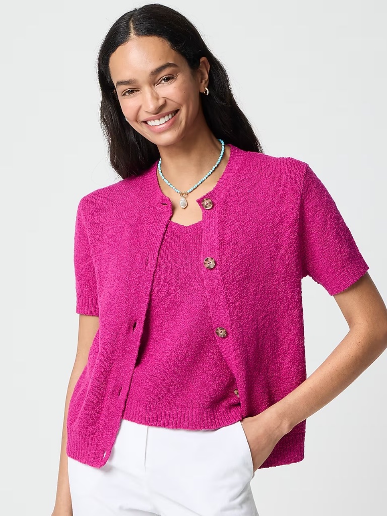 J.Crew Factory Short-Sleeve Slub Cardigan Sweater 2x New Sweet Magenta
